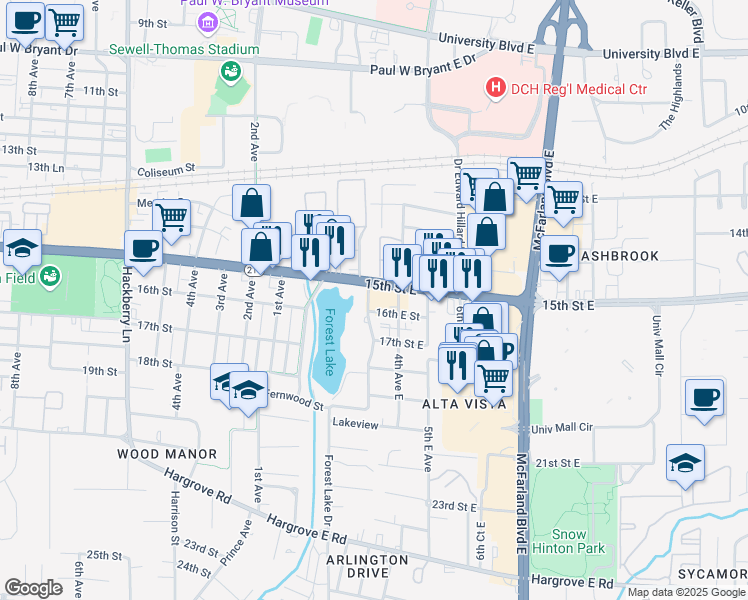 map of restaurants, bars, coffee shops, grocery stores, and more near 305 16th Street East in Tuscaloosa