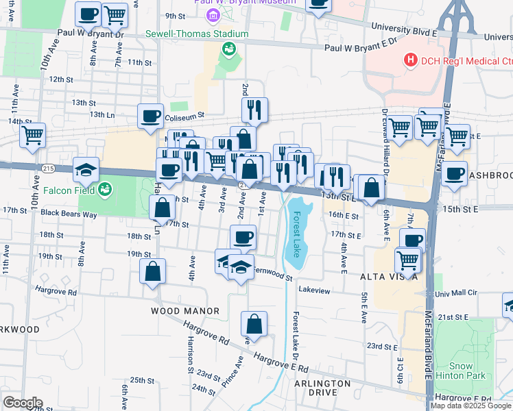map of restaurants, bars, coffee shops, grocery stores, and more near 1610 1st Avenue in Tuscaloosa