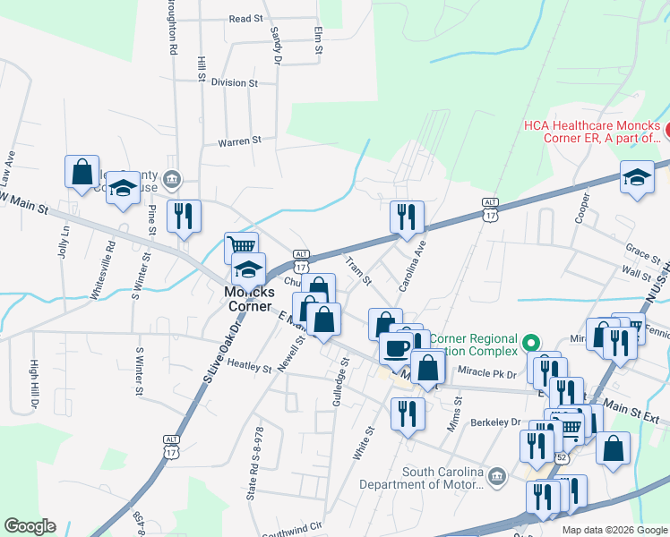 map of restaurants, bars, coffee shops, grocery stores, and more near 122 Church Street in Moncks Corner