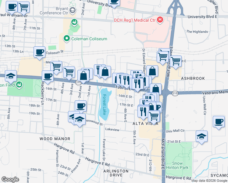 map of restaurants, bars, coffee shops, grocery stores, and more near 305 16th Street East in Tuscaloosa