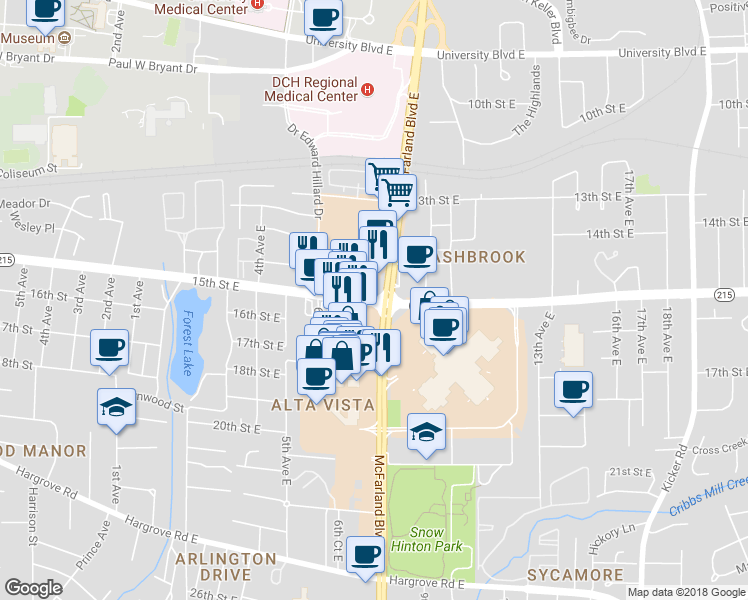 map of restaurants, bars, coffee shops, grocery stores, and more near 700 15th Street East in Tuscaloosa