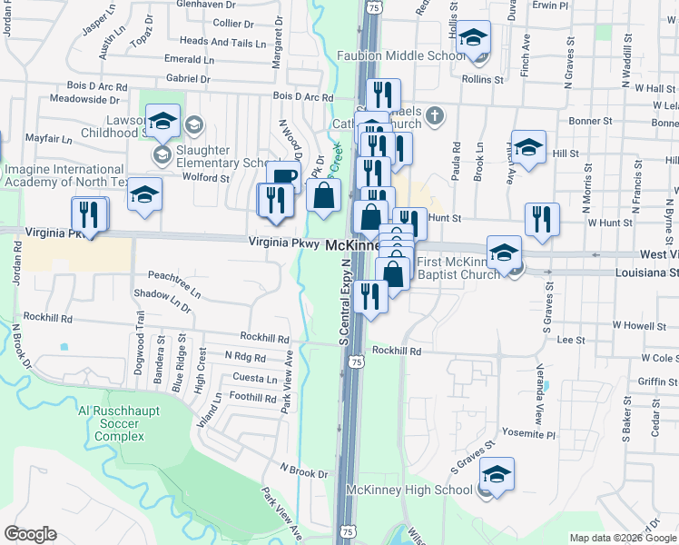 map of restaurants, bars, coffee shops, grocery stores, and more near 2110 Rockhill Road in McKinney