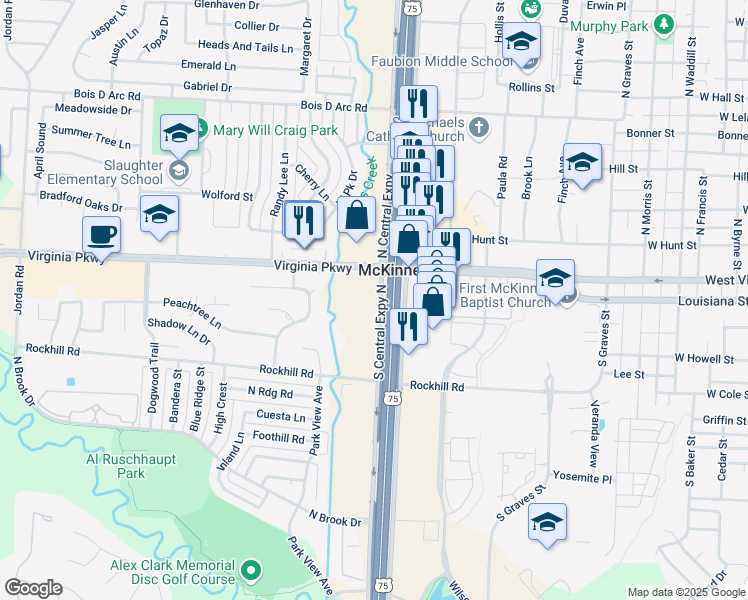 map of restaurants, bars, coffee shops, grocery stores, and more near 2110 Rockhill Road in McKinney