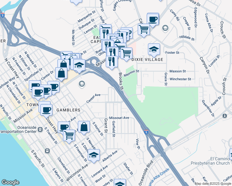 map of restaurants, bars, coffee shops, grocery stores, and more near 303 Garfield Street in Oceanside