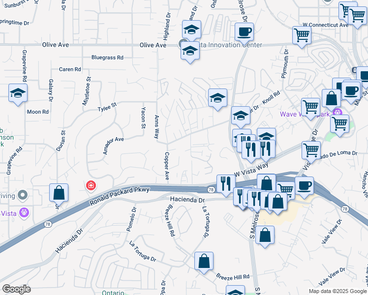 map of restaurants, bars, coffee shops, grocery stores, and more near 728 Copper Drive in Vista