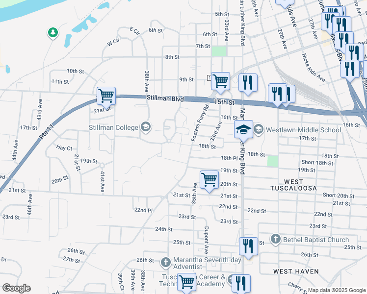 map of restaurants, bars, coffee shops, grocery stores, and more near 1702 Fosters Ferry Road in Tuscaloosa