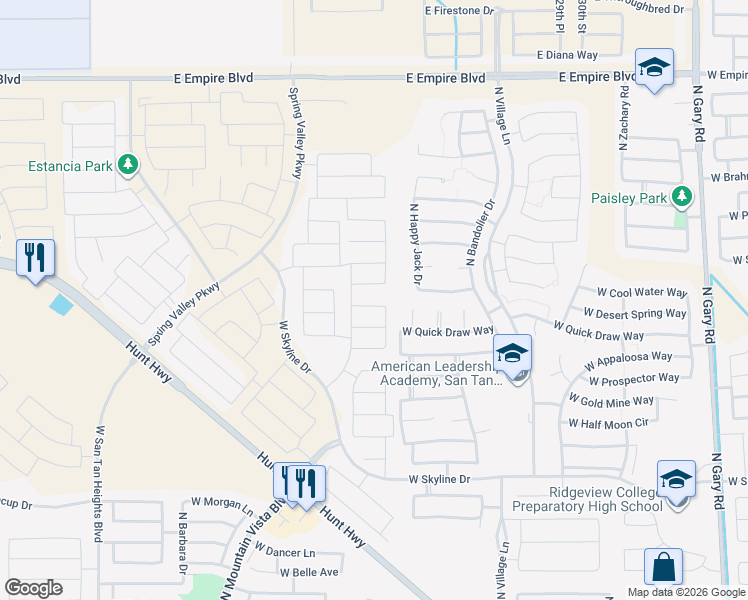 map of restaurants, bars, coffee shops, grocery stores, and more near 2882 West Rainbow Drive in Queen Creek