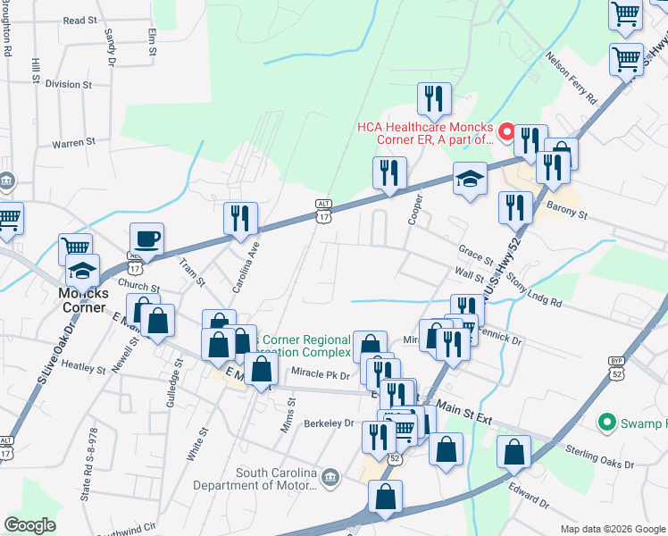 map of restaurants, bars, coffee shops, grocery stores, and more near 104 Hardrick Drive in Moncks Corner