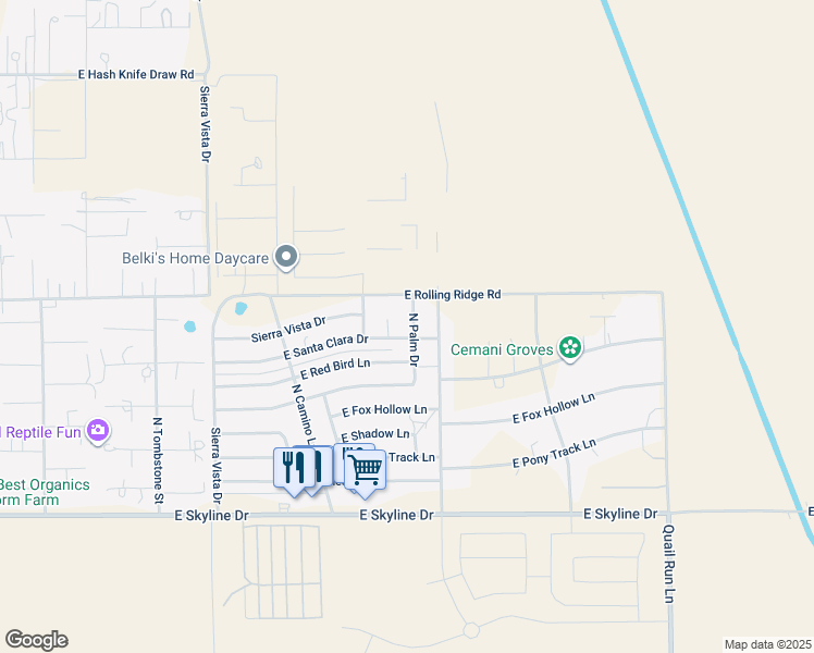 map of restaurants, bars, coffee shops, grocery stores, and more near 35119 North Palm Drive in Queen Creek