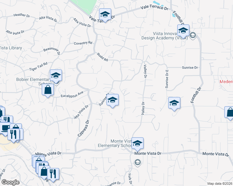map of restaurants, bars, coffee shops, grocery stores, and more near 1535 Sunrise Drive in Vista