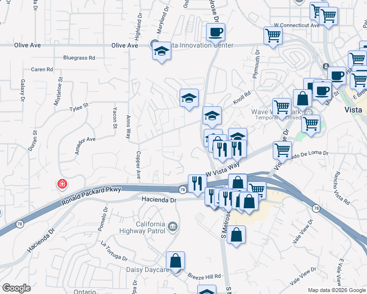 map of restaurants, bars, coffee shops, grocery stores, and more near 663 Diamond Way in Vista