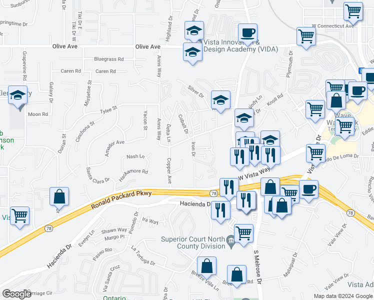 map of restaurants, bars, coffee shops, grocery stores, and more near 728 Copper Drive in Vista