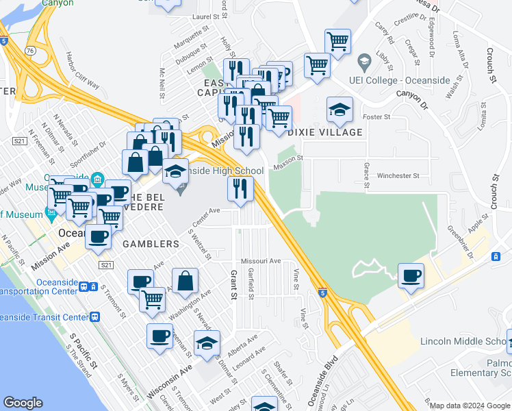 map of restaurants, bars, coffee shops, grocery stores, and more near 303 Garfield Street in Oceanside