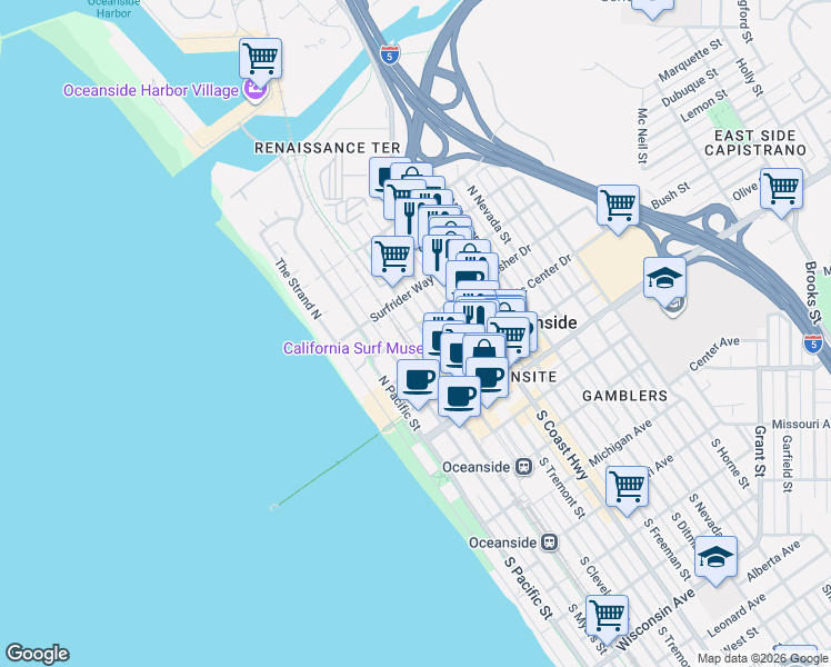 map of restaurants, bars, coffee shops, grocery stores, and more near 581 North Cleveland Street in Oceanside