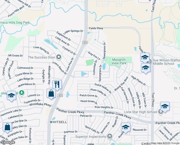 map of restaurants, bars, coffee shops, grocery stores, and more near 14368 Cottontail Drive in Frisco