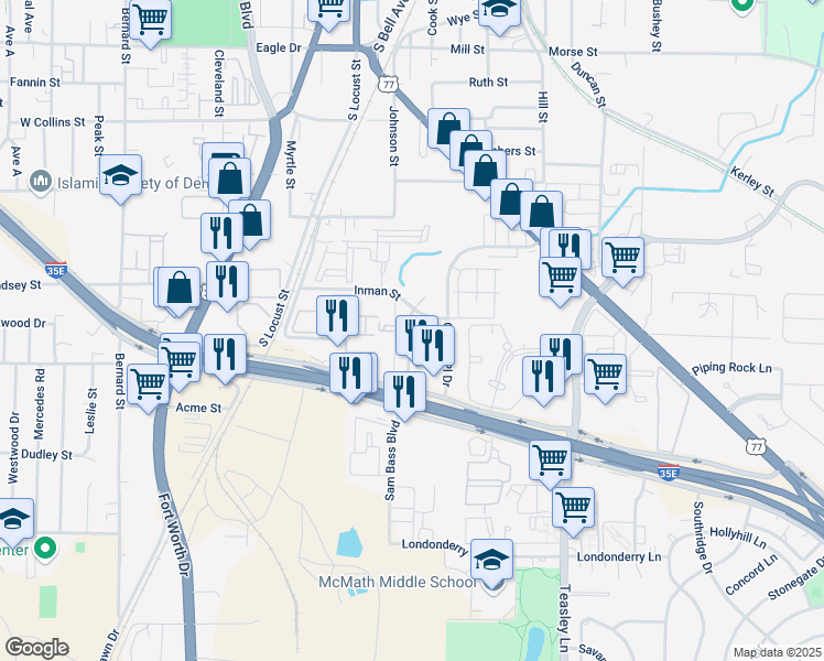 map of restaurants, bars, coffee shops, grocery stores, and more near 73 Inman Street in Denton