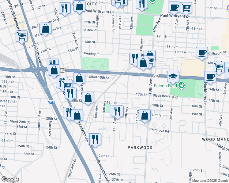 map of restaurants, bars, coffee shops, grocery stores, and more near 1620 14th Avenue in Tuscaloosa
