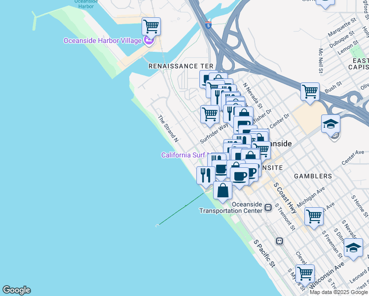 map of restaurants, bars, coffee shops, grocery stores, and more near 702 The Strand North in Oceanside