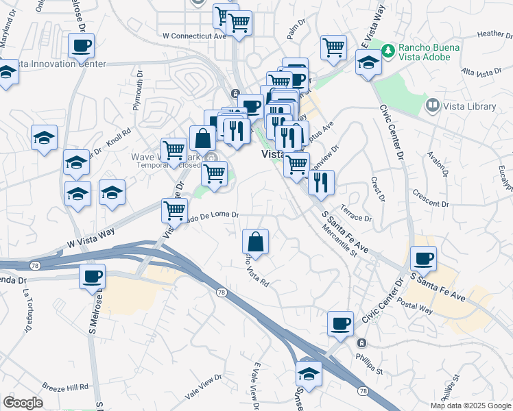 map of restaurants, bars, coffee shops, grocery stores, and more near 364 Peters Drive in Vista