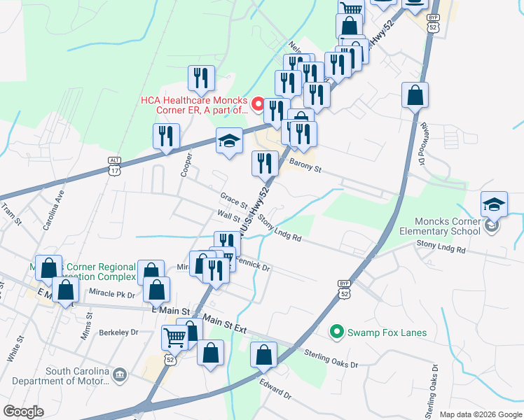 map of restaurants, bars, coffee shops, grocery stores, and more near 401 Stony Landing Road in Moncks Corner