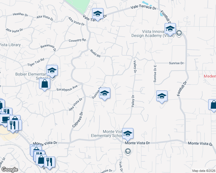 map of restaurants, bars, coffee shops, grocery stores, and more near 1535 Sunrise Drive in Vista