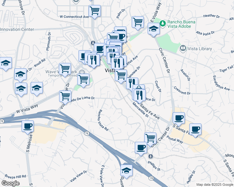 map of restaurants, bars, coffee shops, grocery stores, and more near 215 Guajome Street in Vista