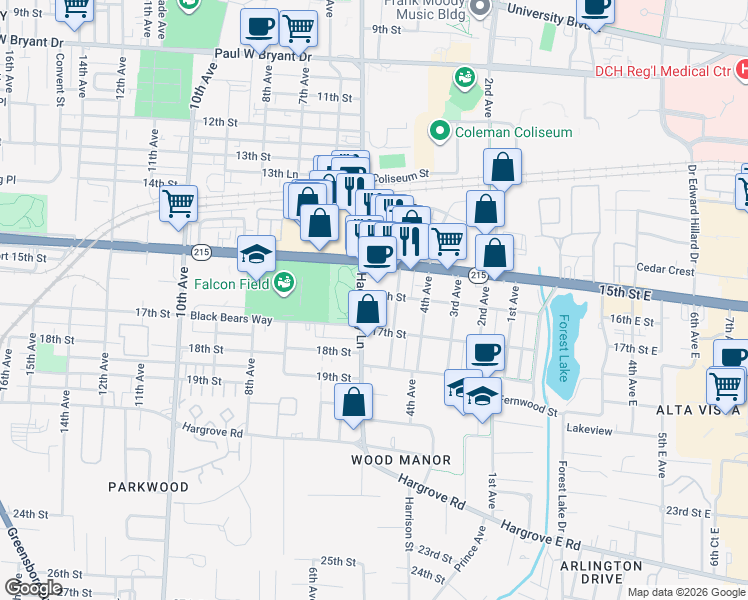 map of restaurants, bars, coffee shops, grocery stores, and more near 509 16th Street in Tuscaloosa