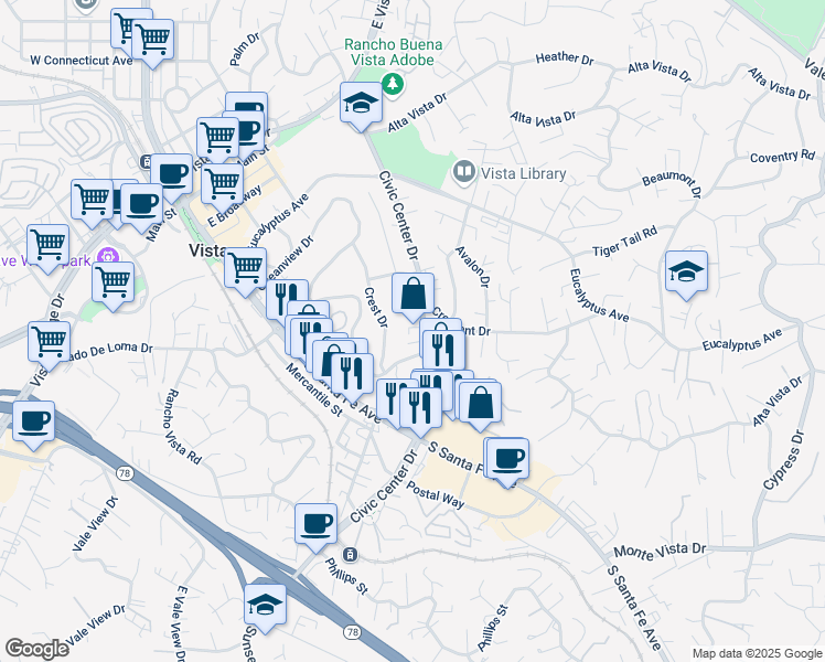 map of restaurants, bars, coffee shops, grocery stores, and more near 606 Civic Center Drive in Vista