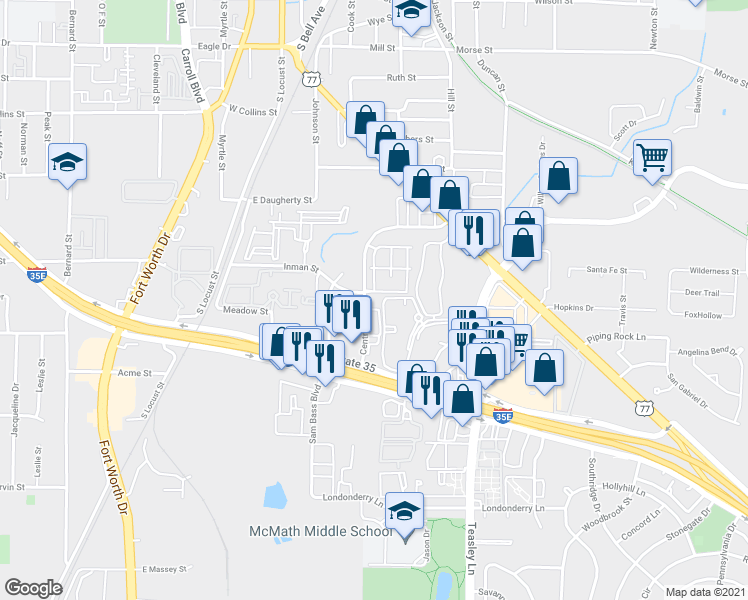 map of restaurants, bars, coffee shops, grocery stores, and more near 1451 Centre Place Drive in Denton