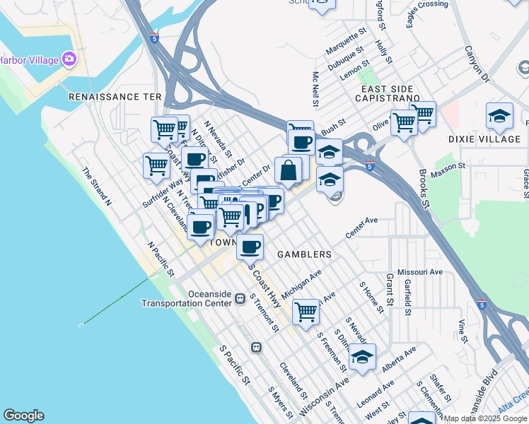 map of restaurants, bars, coffee shops, grocery stores, and more near 721 Pier View Way in Oceanside