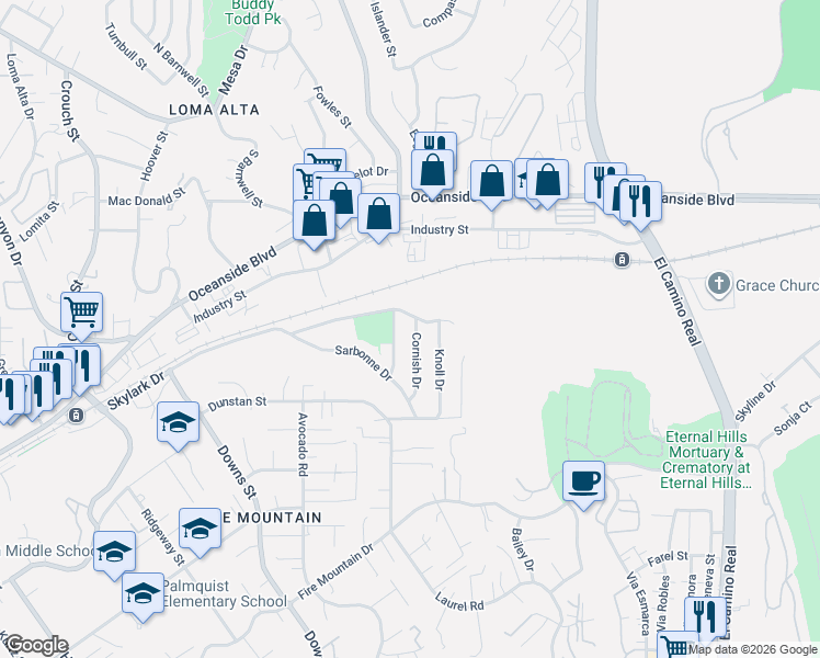 map of restaurants, bars, coffee shops, grocery stores, and more near 1305 Cornish Drive in Oceanside