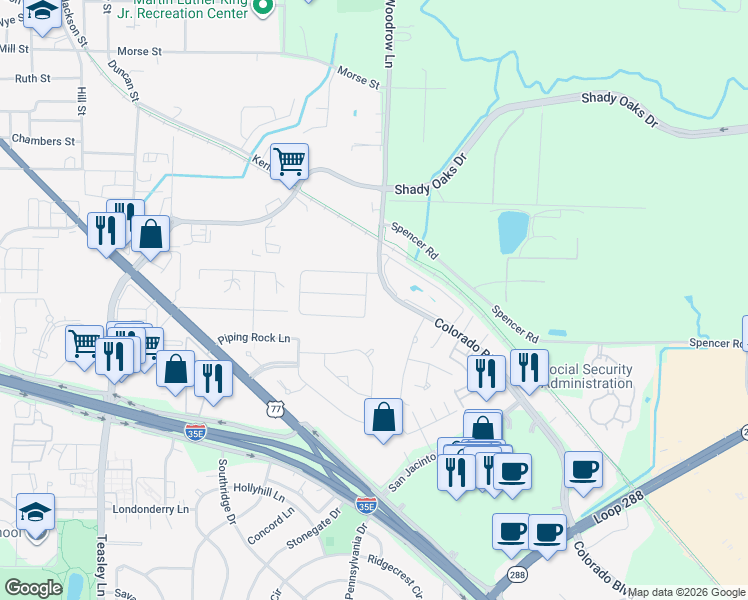 map of restaurants, bars, coffee shops, grocery stores, and more near 1501 Timberidge Street in Denton