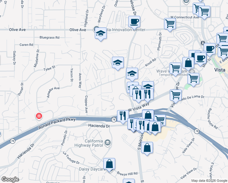 map of restaurants, bars, coffee shops, grocery stores, and more near 213 Diamond Way in Vista