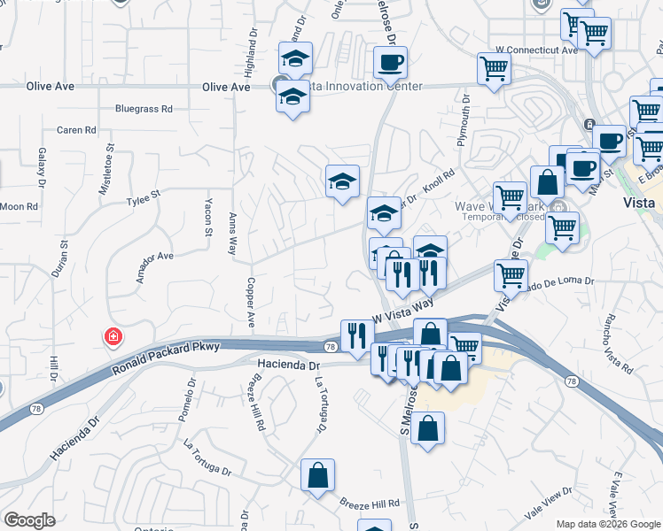 map of restaurants, bars, coffee shops, grocery stores, and more near 663 Diamond Way in Vista