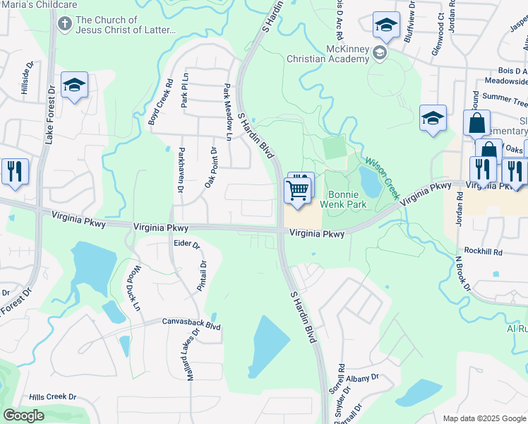 map of restaurants, bars, coffee shops, grocery stores, and more near 3705 Trinidad Drive in McKinney