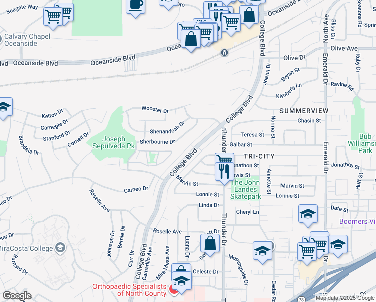 map of restaurants, bars, coffee shops, grocery stores, and more near 2801 College Boulevard in Oceanside