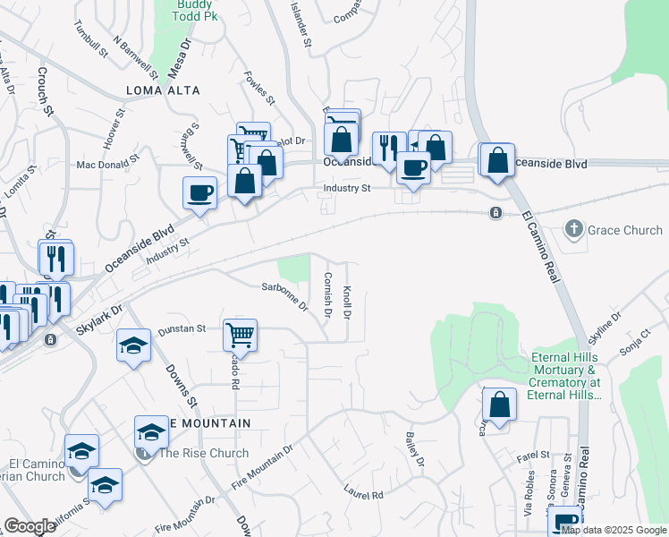map of restaurants, bars, coffee shops, grocery stores, and more near 2514 Skylark Drive in Oceanside