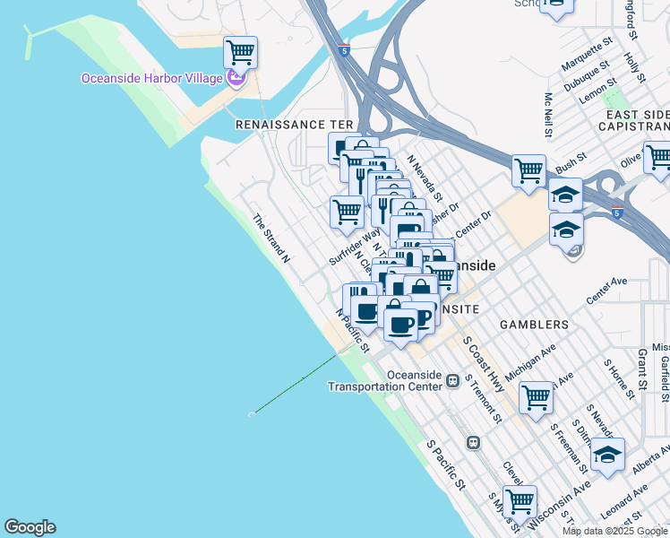 map of restaurants, bars, coffee shops, grocery stores, and more near 209 Surfrider Way in Oceanside