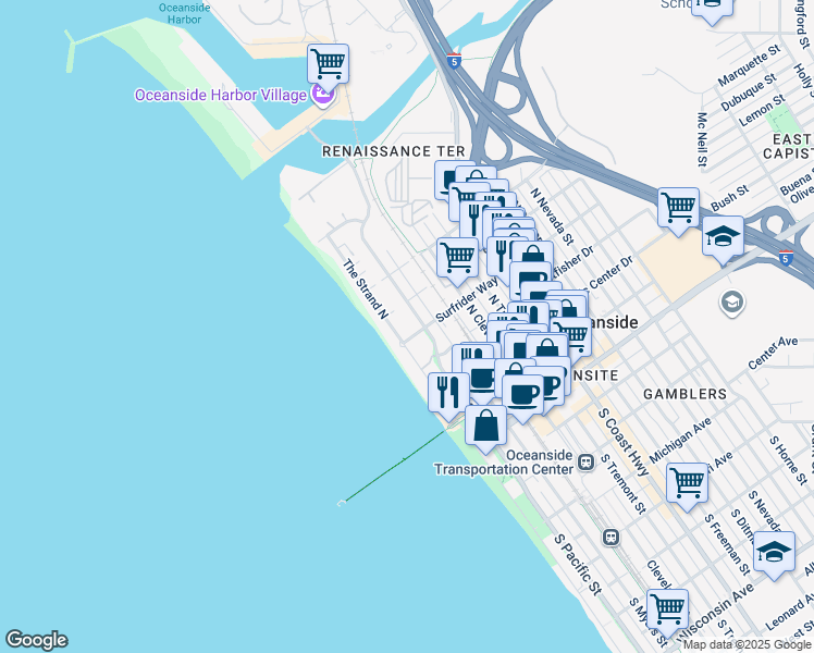 map of restaurants, bars, coffee shops, grocery stores, and more near in Oceanside