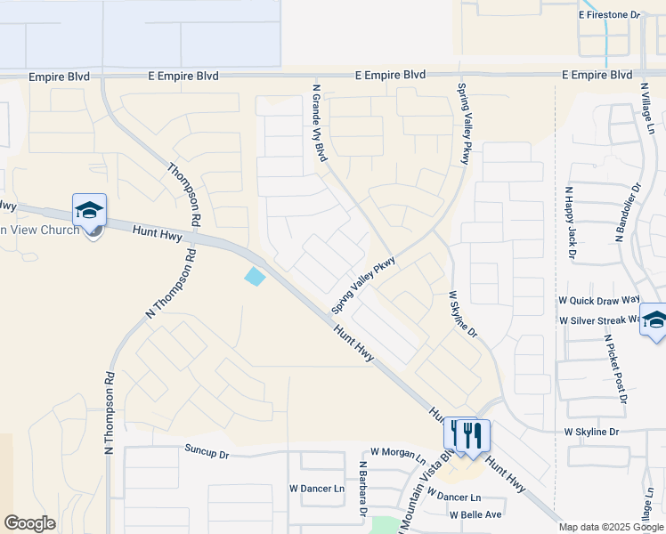 map of restaurants, bars, coffee shops, grocery stores, and more near 35098 North Lead Way in Queen Creek