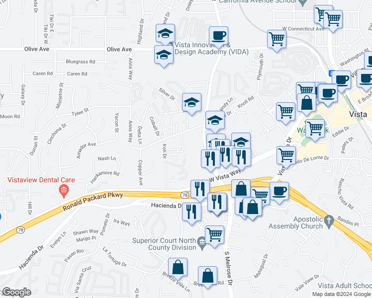 map of restaurants, bars, coffee shops, grocery stores, and more near 663 Diamond Way in Vista