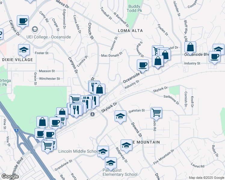 map of restaurants, bars, coffee shops, grocery stores, and more near 2166 Oceanside Boulevard in Oceanside