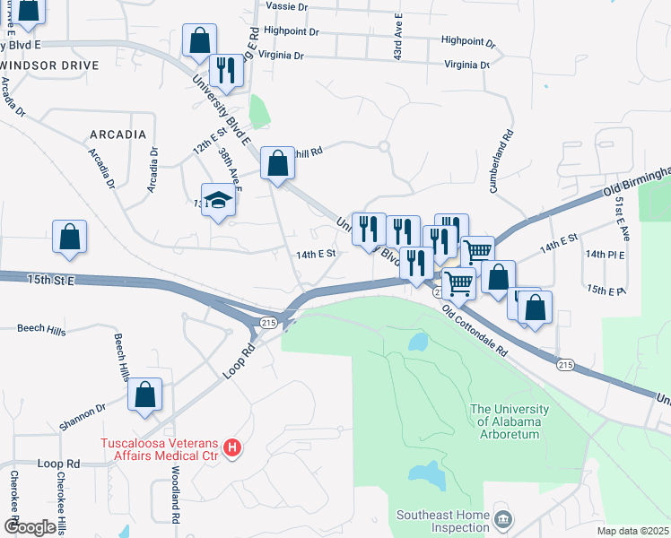 map of restaurants, bars, coffee shops, grocery stores, and more near 1403 40th Way East in Tuscaloosa