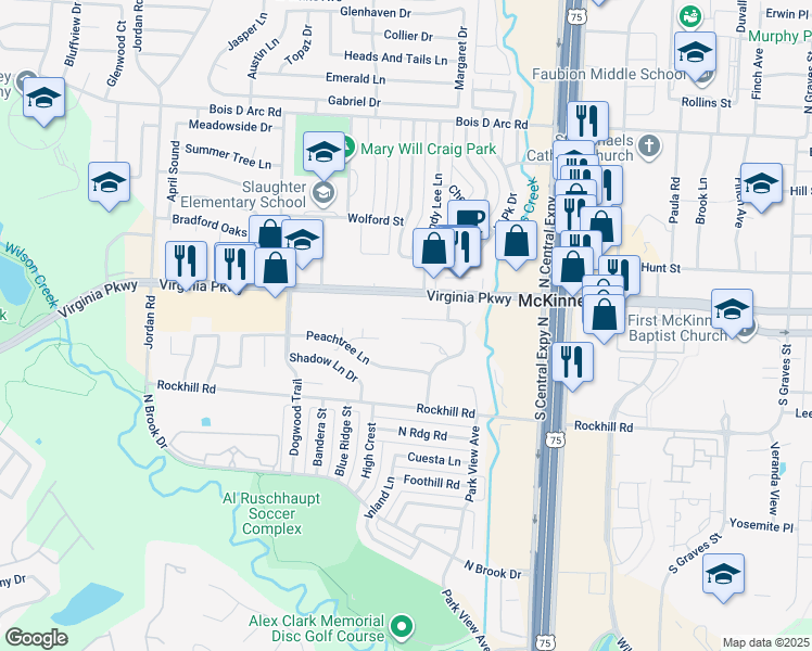 map of restaurants, bars, coffee shops, grocery stores, and more near 2426 Lakeview Circle in McKinney