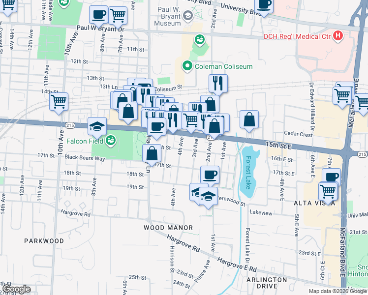 map of restaurants, bars, coffee shops, grocery stores, and more near 1505 4th Avenue in Tuscaloosa