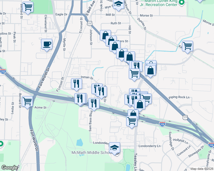 map of restaurants, bars, coffee shops, grocery stores, and more near 1509 Centre Place Drive in Denton