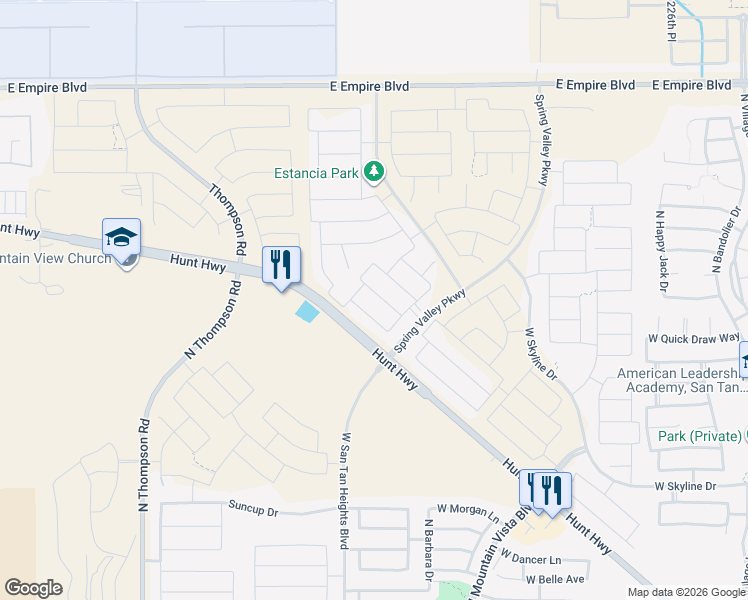 map of restaurants, bars, coffee shops, grocery stores, and more near 35108 North Barrel Road in Queen Creek