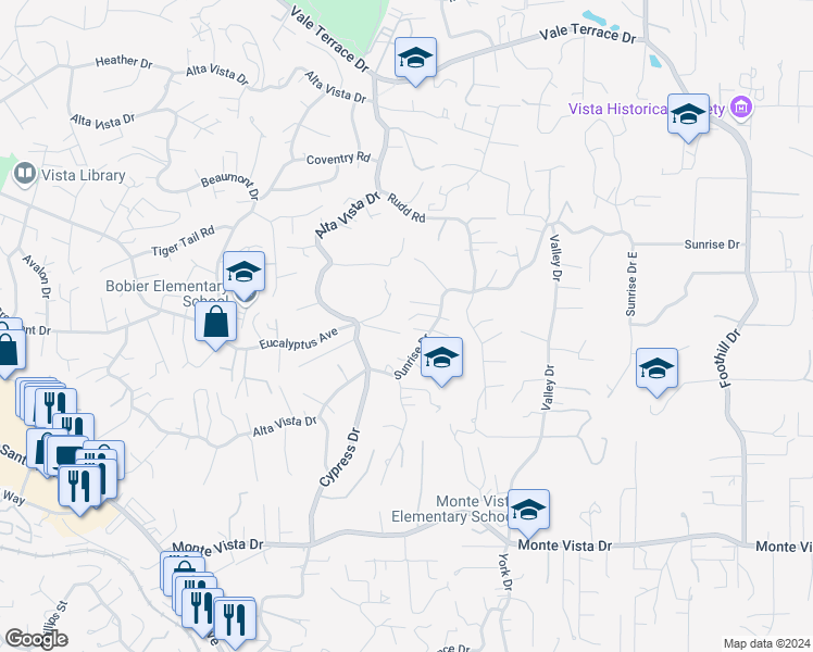 map of restaurants, bars, coffee shops, grocery stores, and more near 1510 Sunrise Drive in Vista