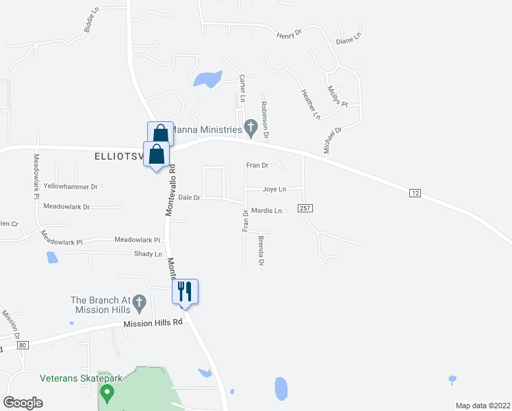 map of restaurants, bars, coffee shops, grocery stores, and more near 303 Mardis Lane in Alabaster