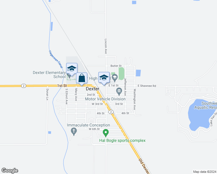 map of restaurants, bars, coffee shops, grocery stores, and more near 101 South Lincoln Avenue in Dexter
